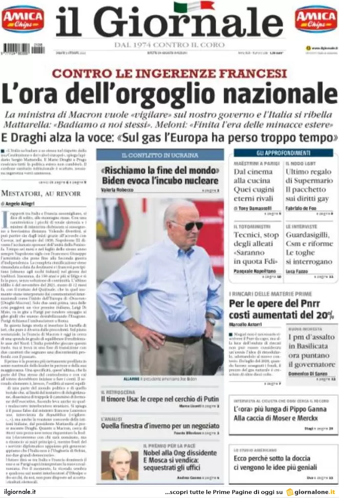 Prime pagine giornali 8 ottobre 2022. Lite Italia-Parigi. Kiev: Biden negozia?