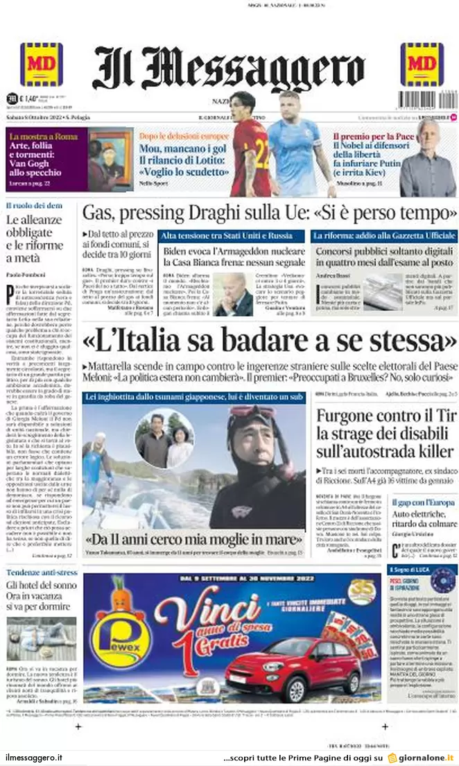 Prime pagine giornali 8 ottobre 2022. Lite Italia-Parigi. Kiev: Biden negozia?