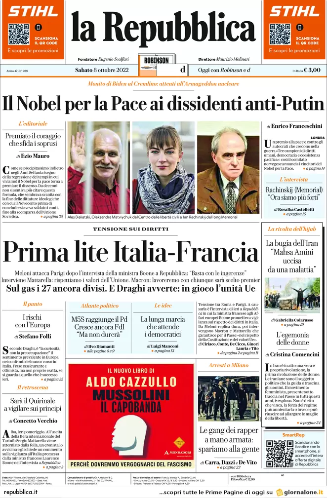Prime pagine giornali 8 ottobre 2022. Lite Italia-Parigi. Kiev: Biden negozia?