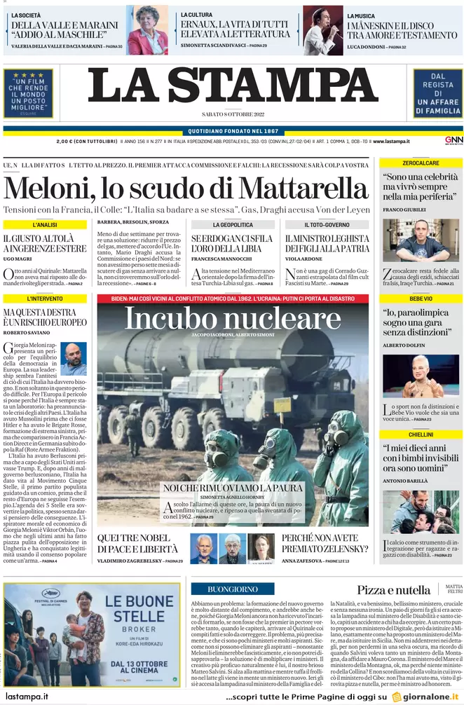 Prime pagine giornali 8 ottobre 2022. Lite Italia-Parigi. Kiev: Biden negozia?