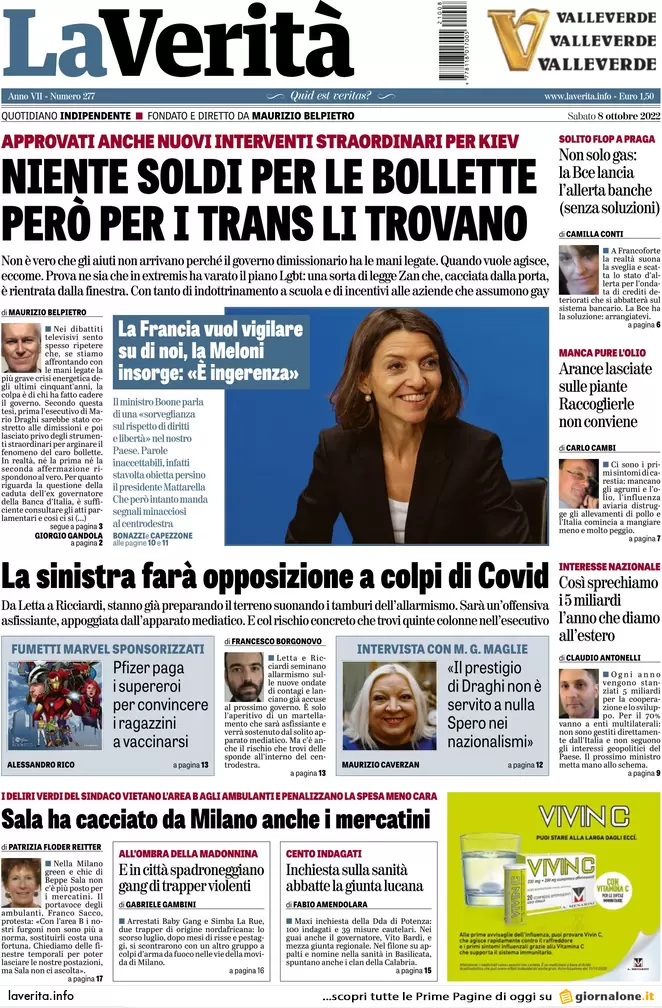 Prime pagine giornali 8 ottobre 2022. Lite Italia-Parigi. Kiev: Biden negozia?