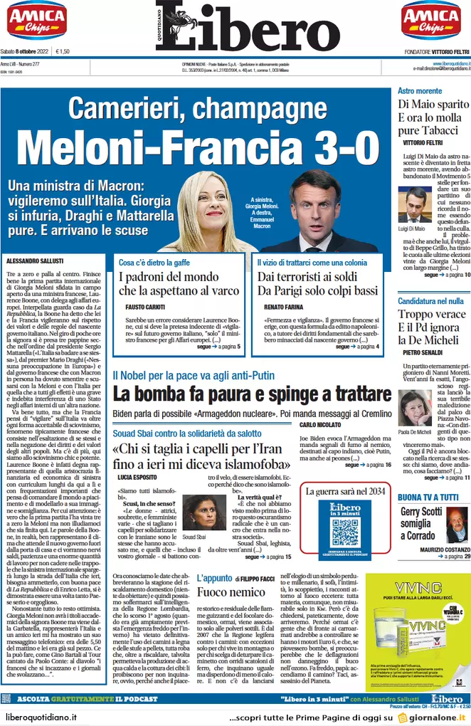 Prime pagine giornali 8 ottobre 2022. Lite Italia-Parigi. Kiev: Biden negozia?