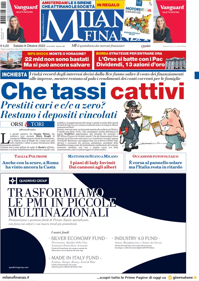 Prime pagine giornali economici 8 ottobre. Stop Fornero, bollette senza canone