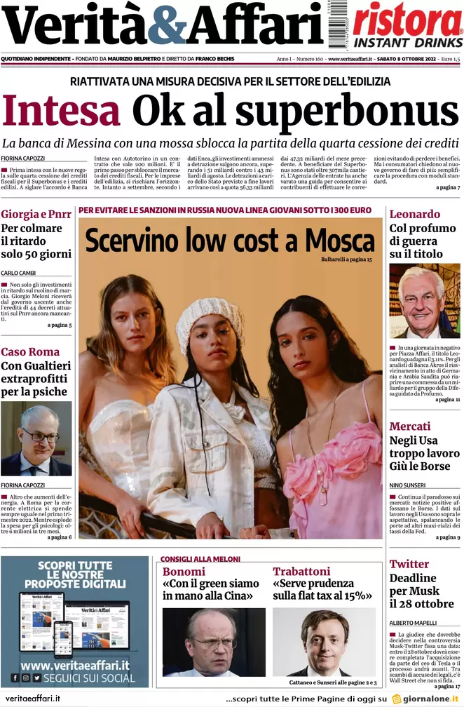 Prime pagine giornali economici 8 ottobre. Stop Fornero, bollette senza canone