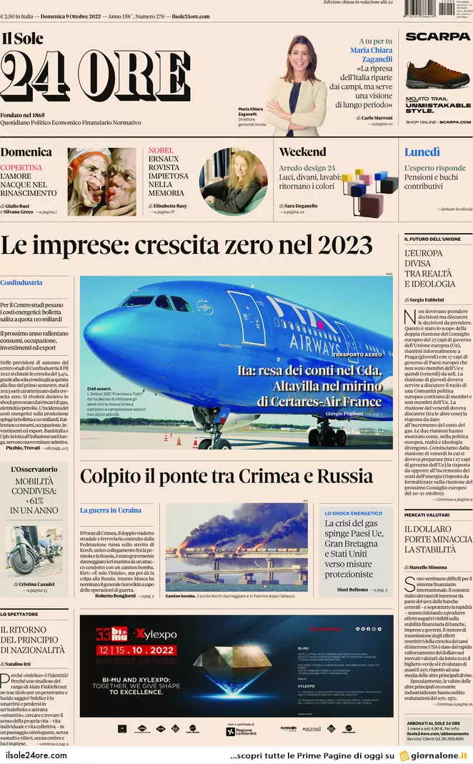 Prime pagine giornali 9 ottobre 2022. La piazza anti Meloni divide la sinistra