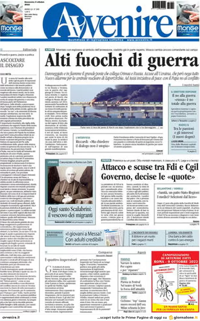 Prime pagine giornali 9 ottobre 2022. La piazza anti Meloni divide la sinistra