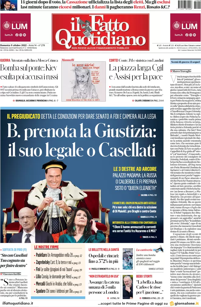 Prime pagine giornali 9 ottobre 2022. La piazza anti Meloni divide la sinistra