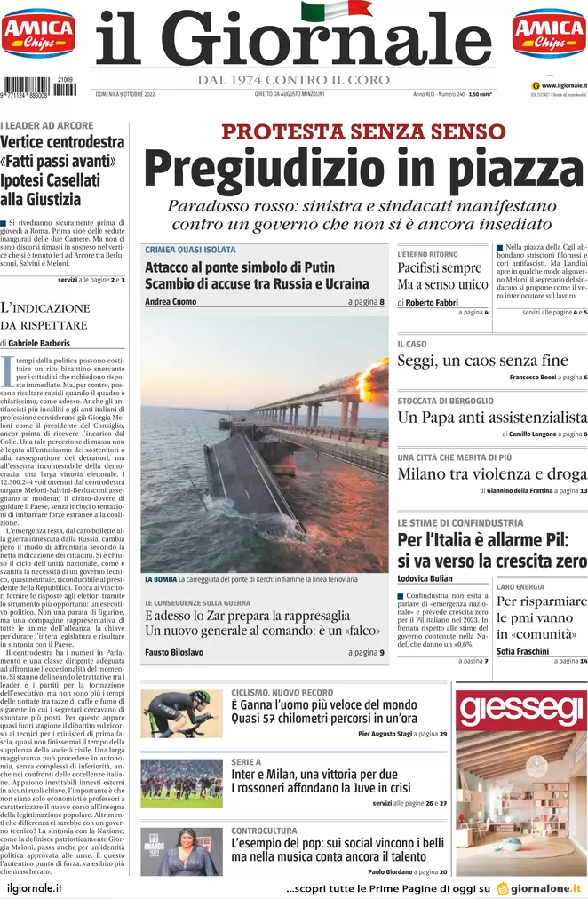 Prime pagine giornali 9 ottobre 2022. La piazza anti Meloni divide la sinistra