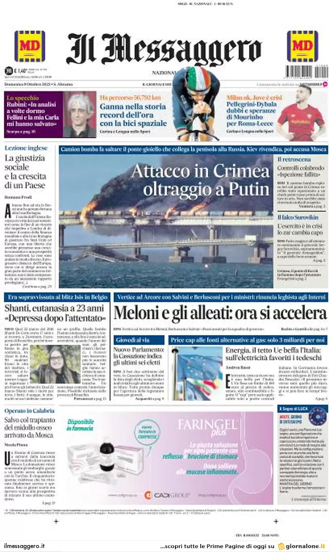 Prime pagine giornali 9 ottobre 2022. La piazza anti Meloni divide la sinistra
