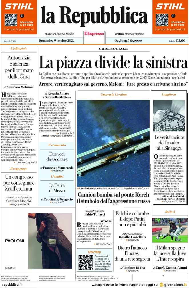 Prime pagine giornali 9 ottobre 2022. La piazza anti Meloni divide la sinistra
