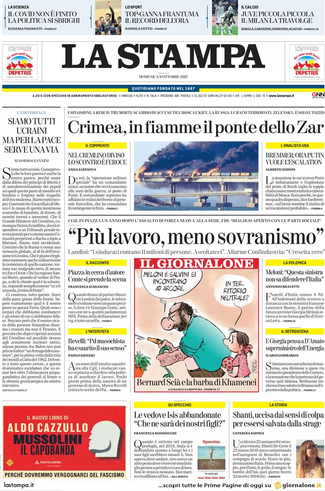 Prime pagine giornali 9 ottobre 2022. La piazza anti Meloni divide la sinistra