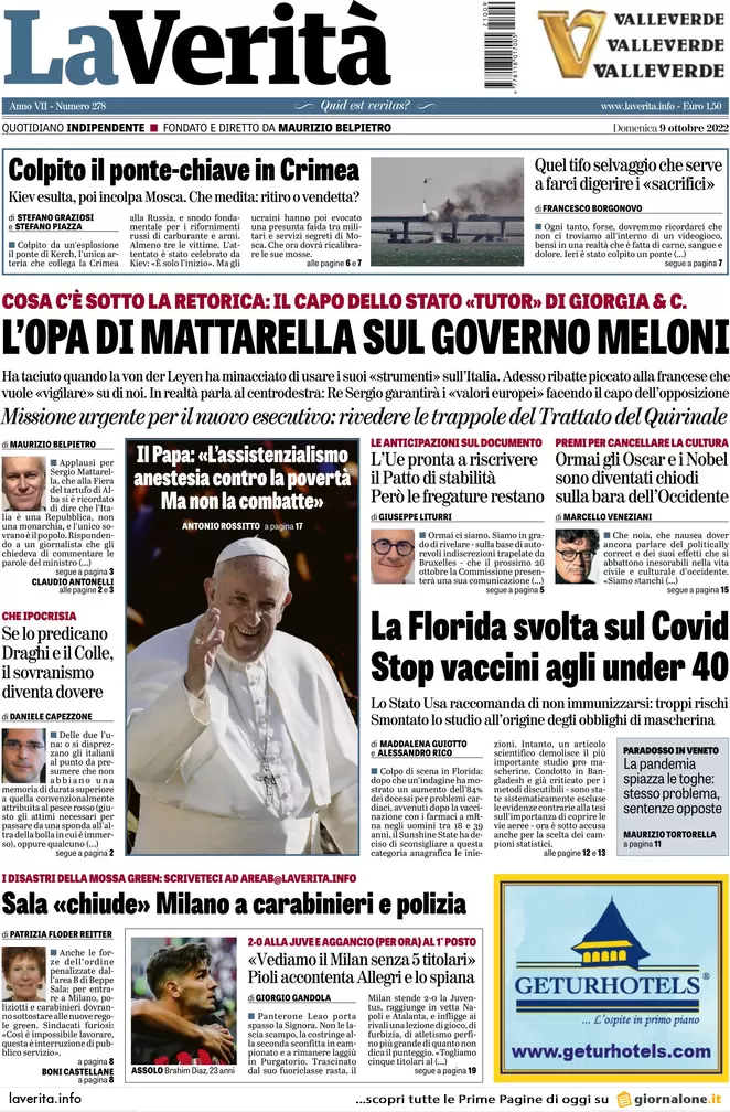 Prime pagine giornali 9 ottobre 2022. La piazza anti Meloni divide la sinistra