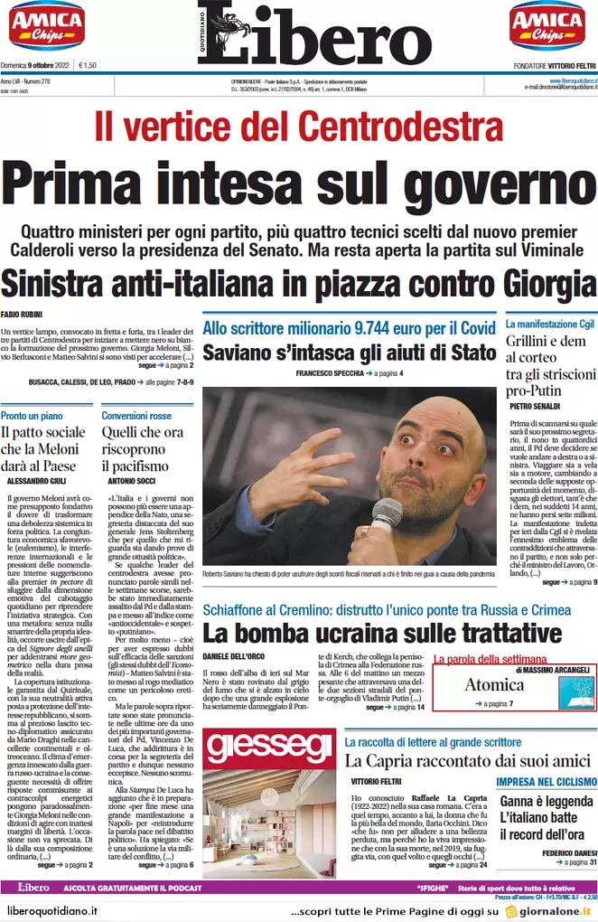 Prime pagine giornali 9 ottobre 2022. La piazza anti Meloni divide la sinistra