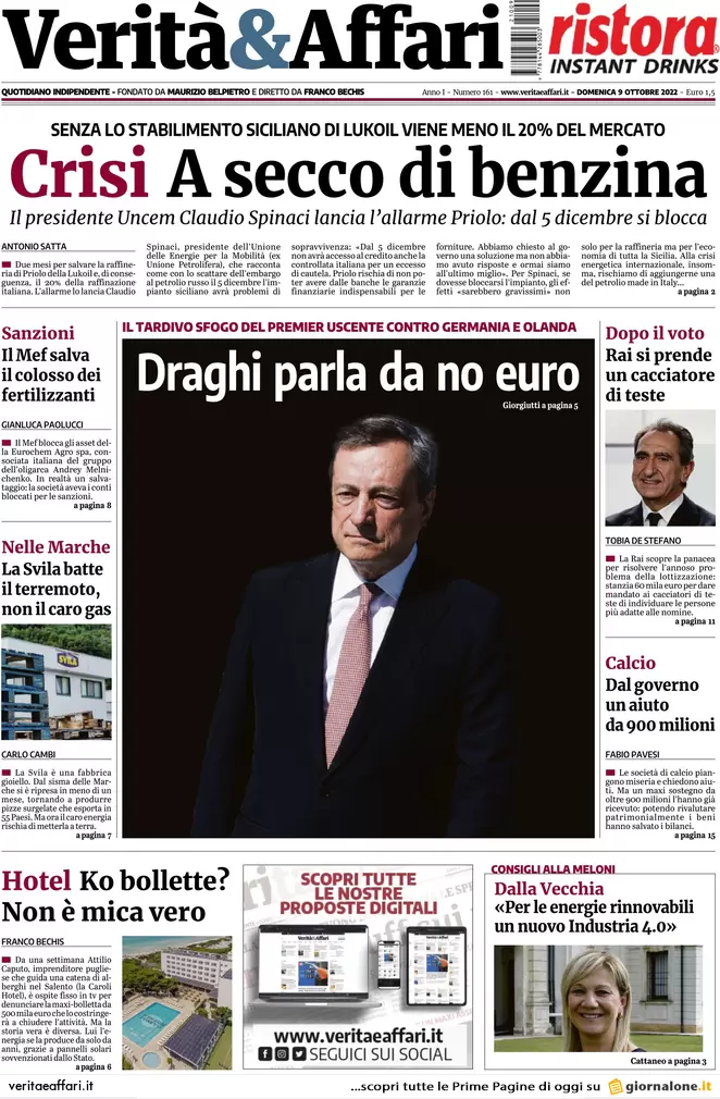 Prime pagine giornali economici 9 ottobre. Manca benzina, crescita zero nel 23