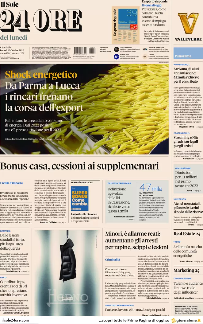 Prime pagine giornali 10 ottobre 2022. L’Ue secondo Meloni e caos sulle armi