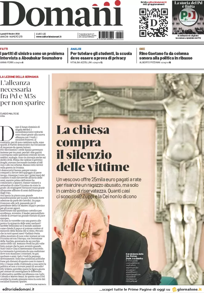 Prime pagine giornali 10 ottobre 2022. L’Ue secondo Meloni e caos sulle armi