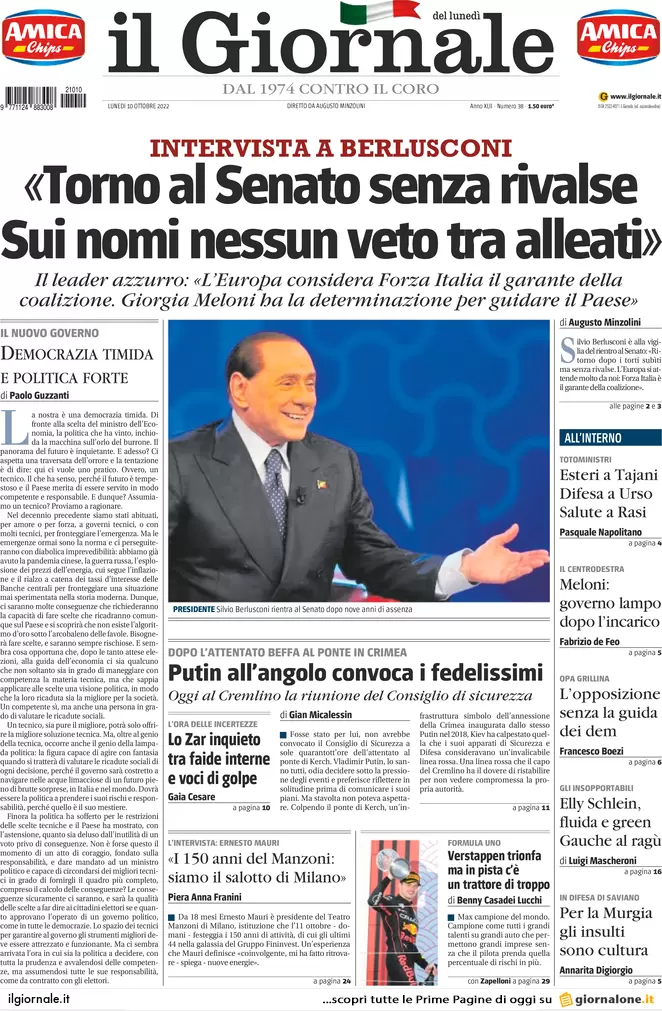 Prime pagine giornali 10 ottobre 2022. L’Ue secondo Meloni e caos sulle armi