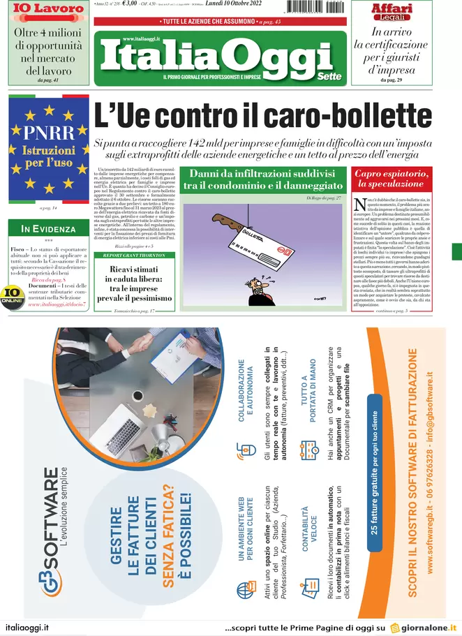 Prime pagine giornali economici 10 ottobre. Bonus casa e Ue vs caro bollette