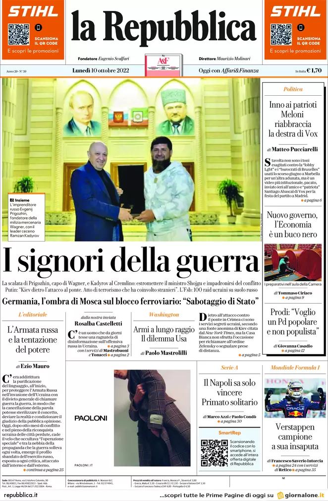 Prime pagine giornali 10 ottobre 2022. L’Ue secondo Meloni e caos sulle armi
