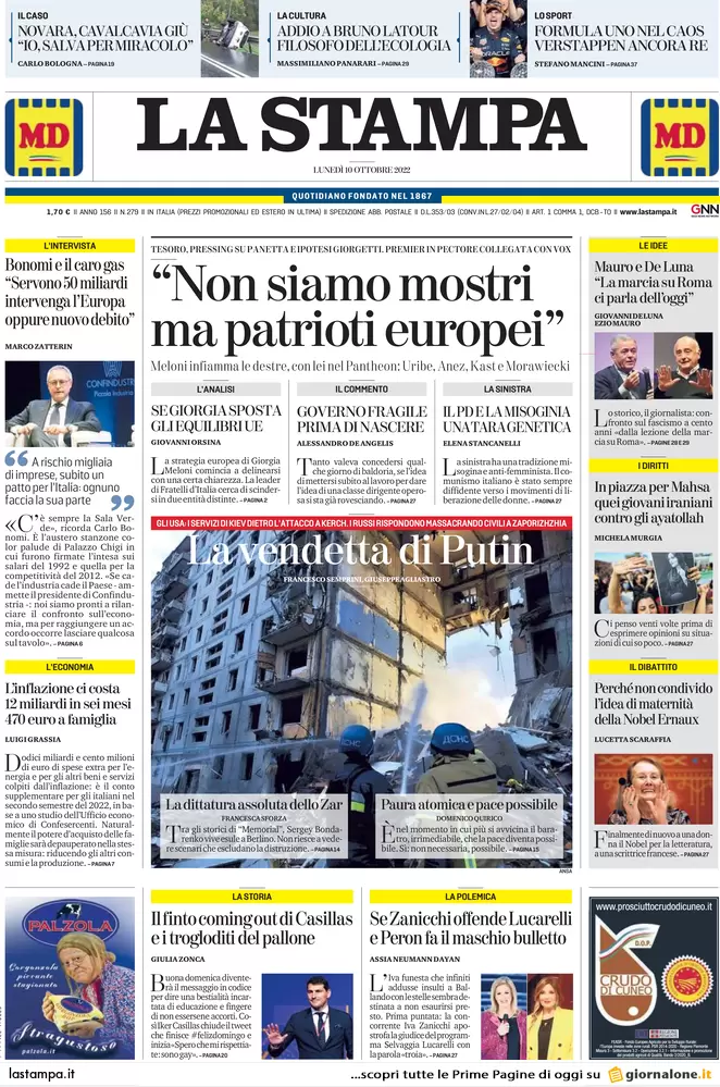 Prime pagine giornali 10 ottobre 2022. L’Ue secondo Meloni e caos sulle armi