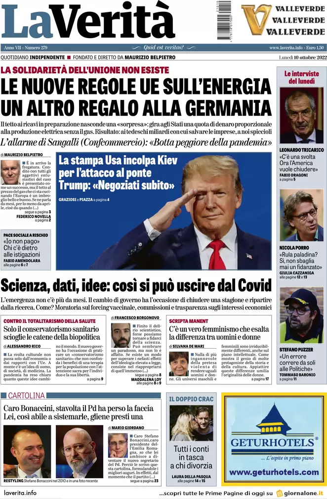 Prime pagine giornali 10 ottobre 2022. L’Ue secondo Meloni e caos sulle armi
