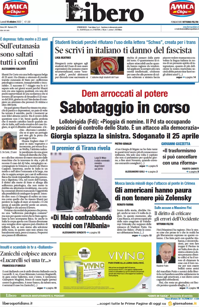 Prime pagine giornali 10 ottobre 2022. L’Ue secondo Meloni e caos sulle armi