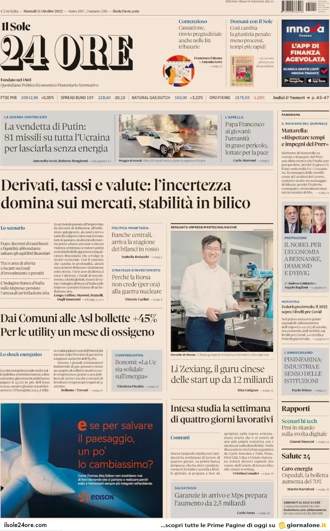 Prime pagine giornali 11 ottobre 2022. Furia russa e debito comune Ue sul gas