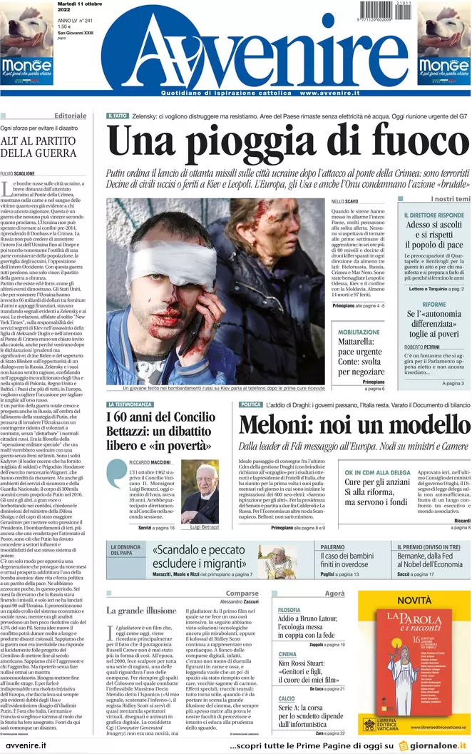 Prime pagine giornali 11 ottobre 2022. Furia russa e debito comune Ue sul gas