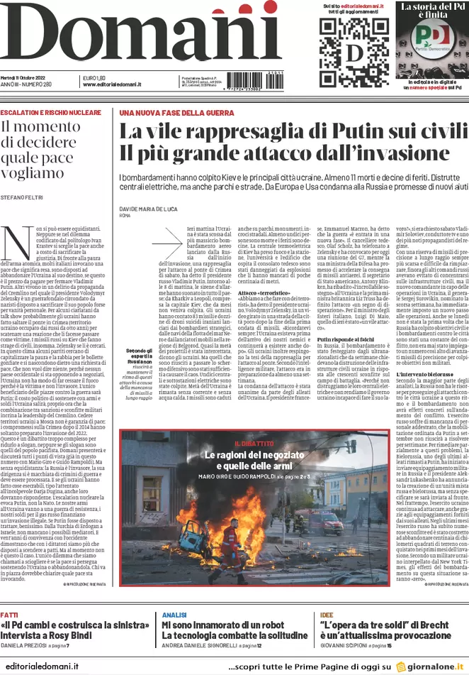 Prime pagine giornali 11 ottobre 2022. Furia russa e debito comune Ue sul gas