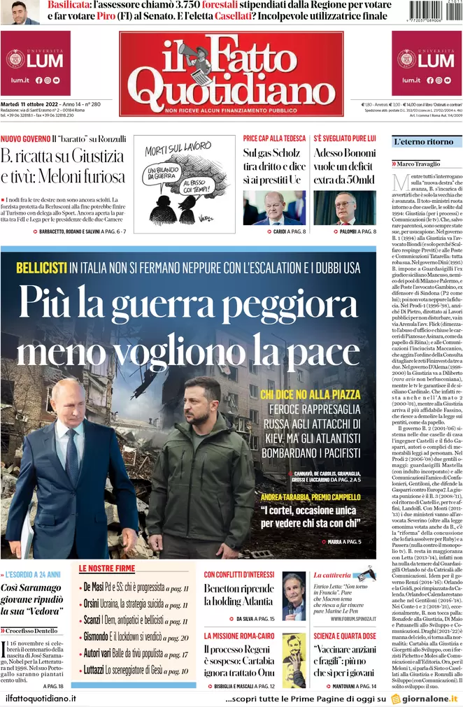 Prime pagine giornali 11 ottobre 2022. Furia russa e debito comune Ue sul gas