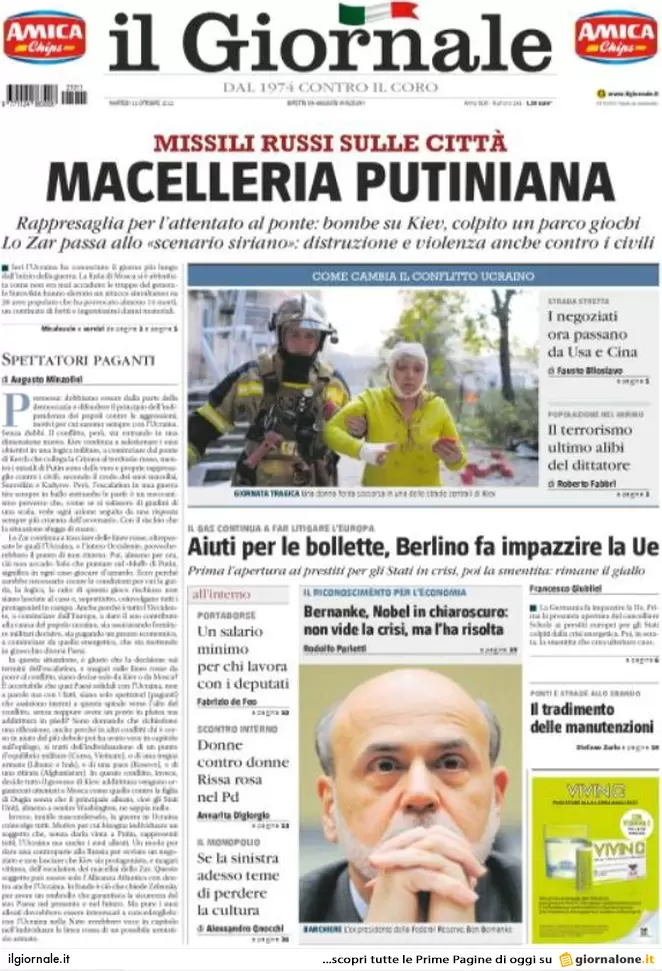 Prime pagine giornali 11 ottobre 2022. Furia russa e debito comune Ue sul gas