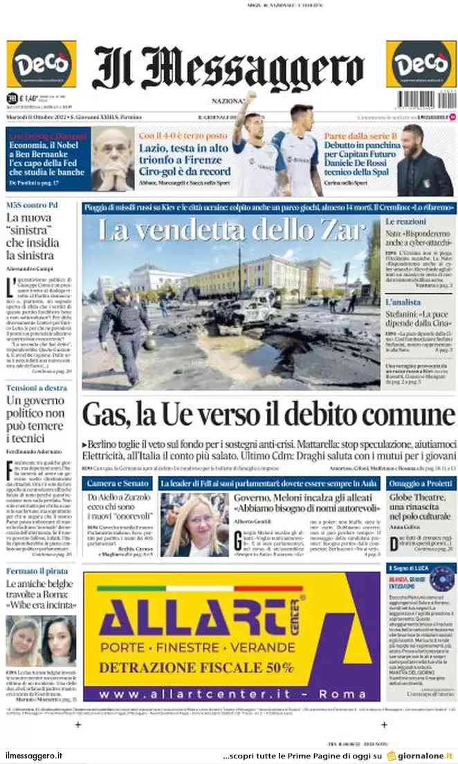 Prime pagine giornali 11 ottobre 2022. Furia russa e debito comune Ue sul gas