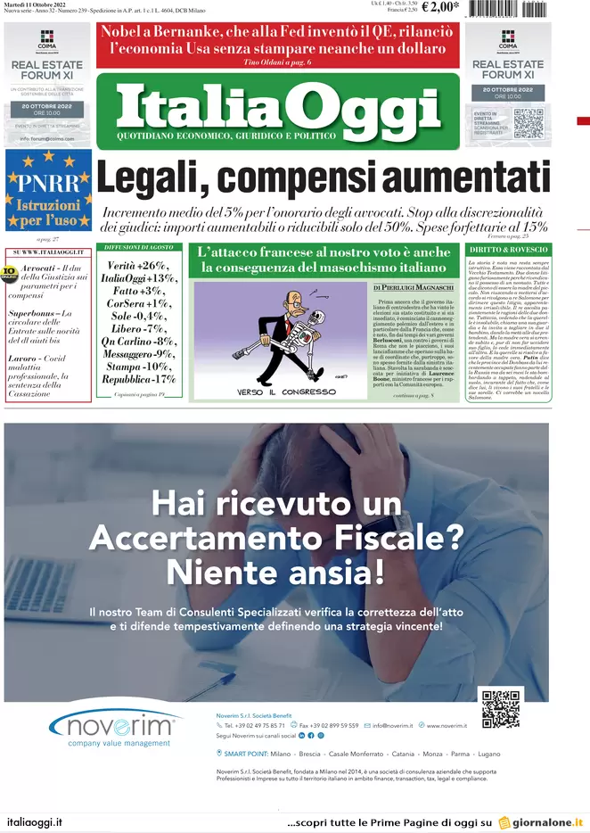 Prime pagine giornali economici 11 ottobre. Giallo debito tedesco e mercati ko