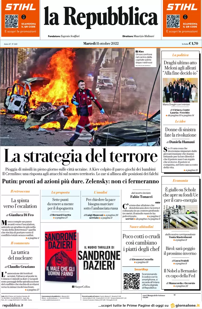 Prime pagine giornali 11 ottobre 2022. Furia russa e debito comune Ue sul gas