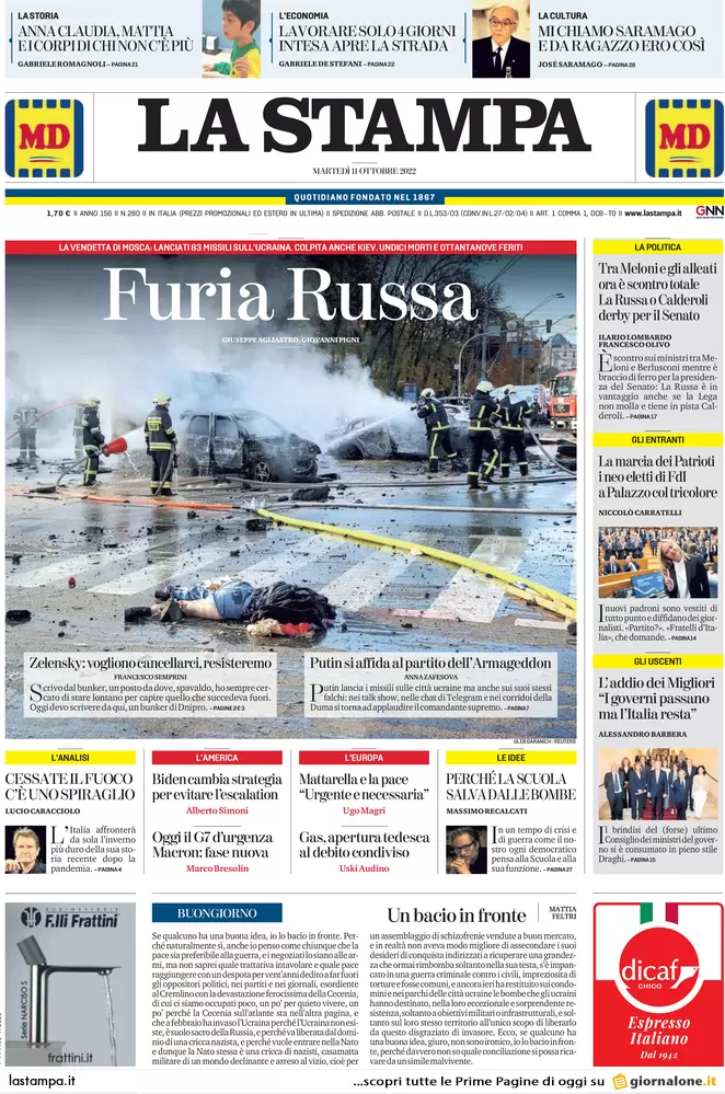 Prime pagine giornali 11 ottobre 2022. Furia russa e debito comune Ue sul gas