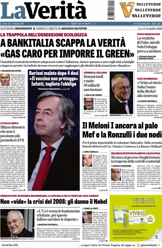 Prime pagine giornali 11 ottobre 2022. Furia russa e debito comune Ue sul gas