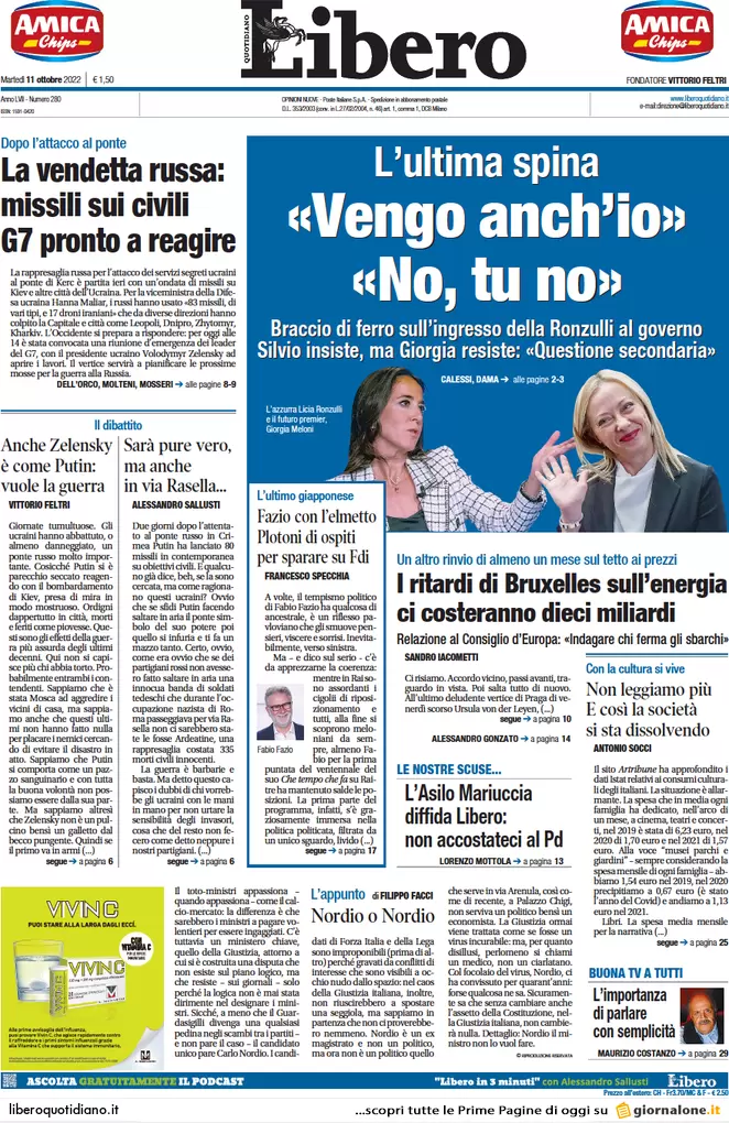 Prime pagine giornali 11 ottobre 2022. Furia russa e debito comune Ue sul gas