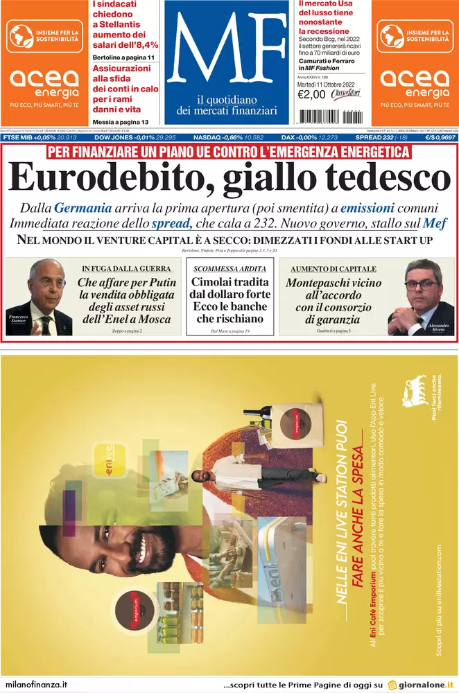 Prime pagine giornali economici 11 ottobre. Giallo debito tedesco e mercati ko