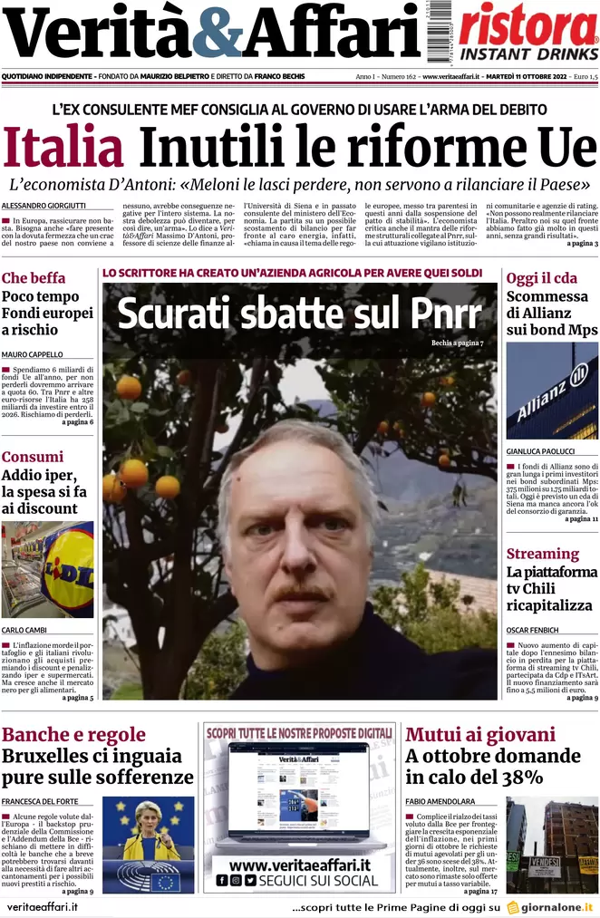 Prime pagine giornali economici 11 ottobre. Giallo debito tedesco e mercati ko