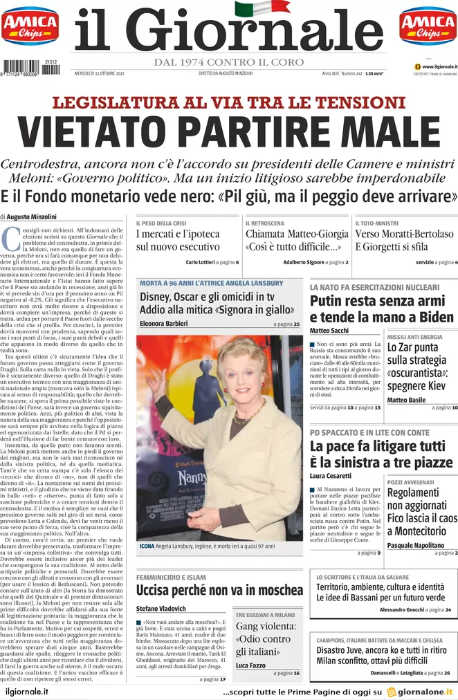 Prime pagine giornali 12 ottobre 2022. Mef, no di Giorgetti e destra nel caos