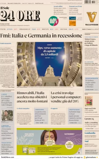 Prime pagine giornali economici 12 ottobre. La crisi dei pc, vendite giù: -20%