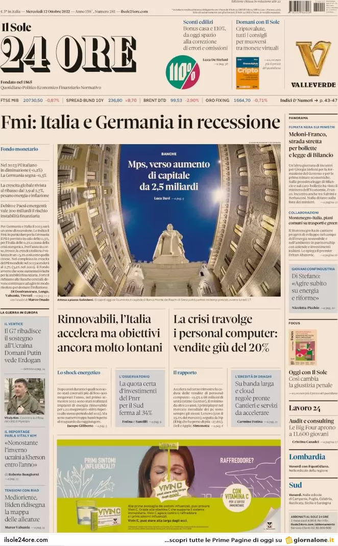 Prime pagine giornali economici 12 ottobre. La crisi dei pc, vendite giù: -20% Prime pagine giornali economici 12 ottobre. La crisi dei pc, vendite giù: -20%