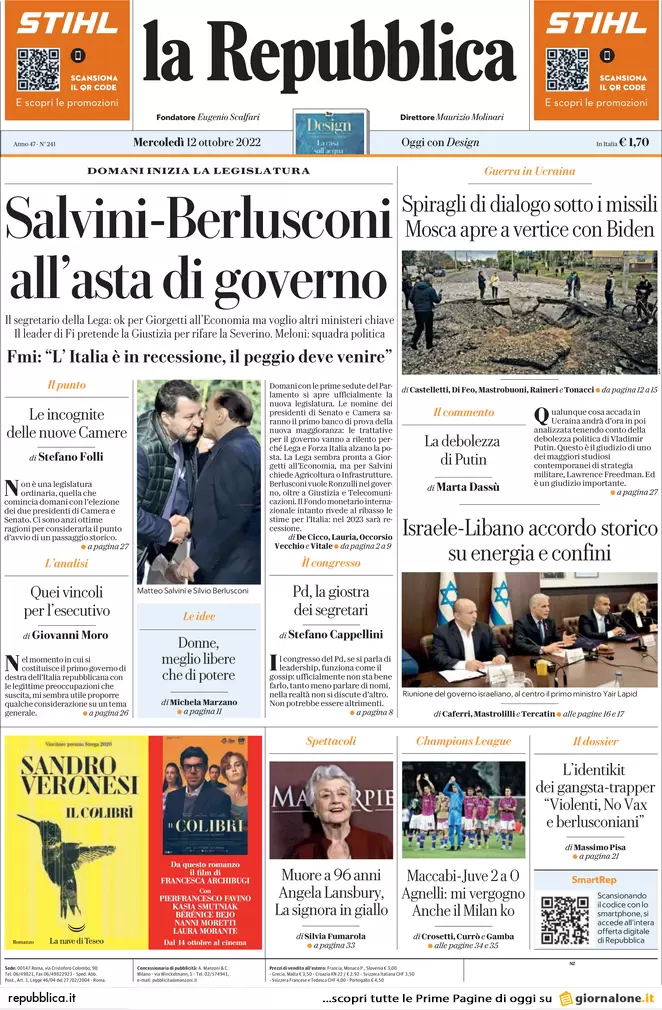 Prime pagine giornali 12 ottobre 2022. Mef, no di Giorgetti e destra nel caos