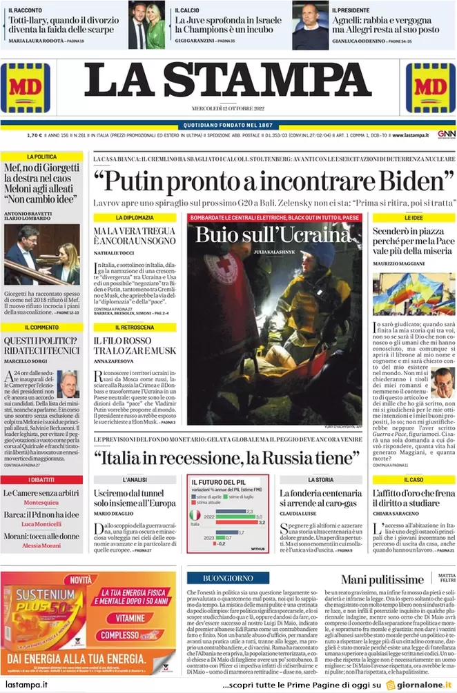 Prime pagine giornali 12 ottobre 2022. Mef, no di Giorgetti e destra nel caos
