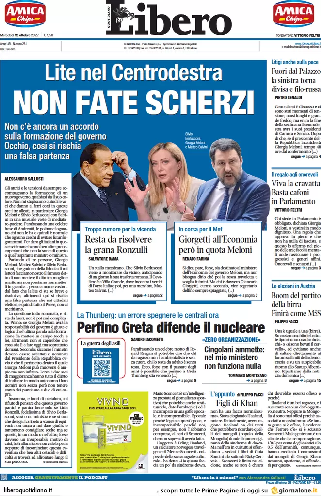 Prime pagine giornali 12 ottobre 2022. Mef, no di Giorgetti e destra nel caos