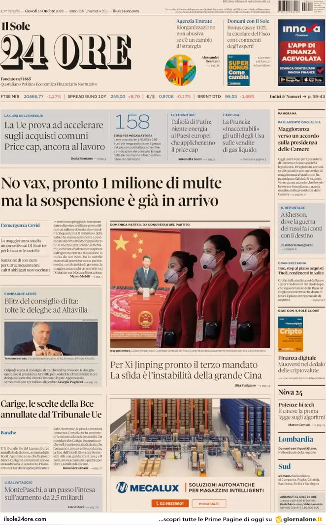 Prime pagine giornali 13 ottobre 2022. Pfizer svela: 0 test su trasmissibilità
