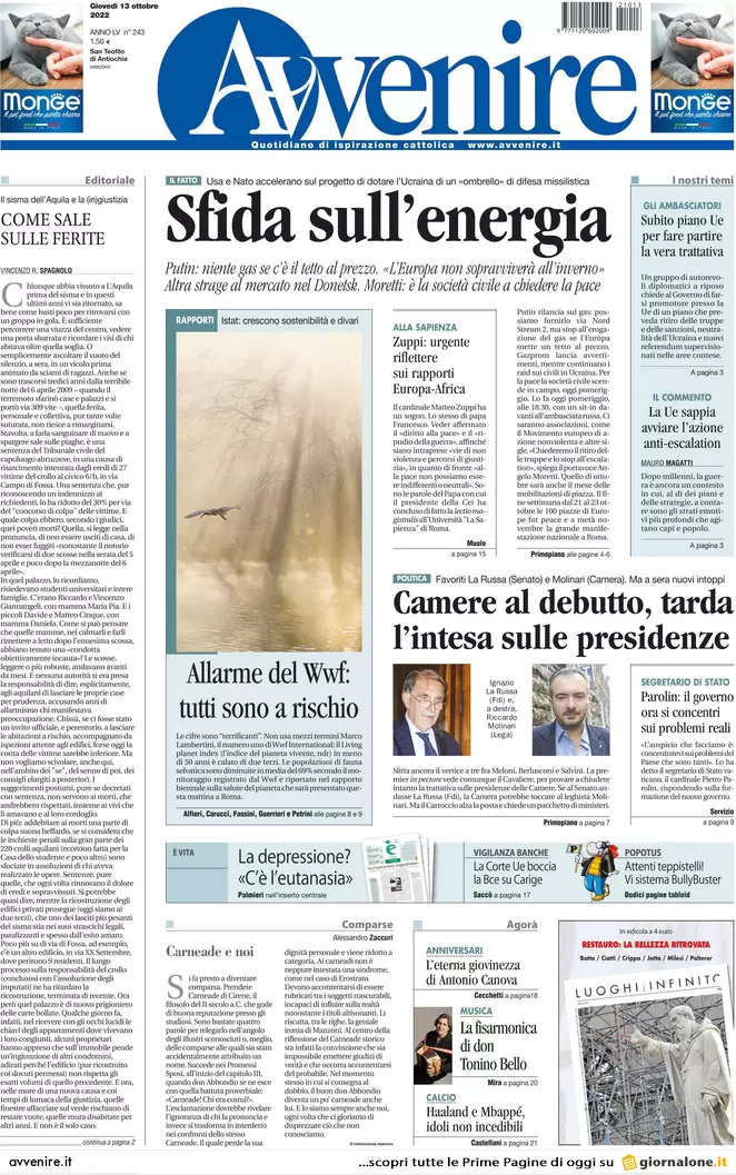 Prime pagine giornali 13 ottobre 2022. Pfizer svela: 0 test su trasmissibilità