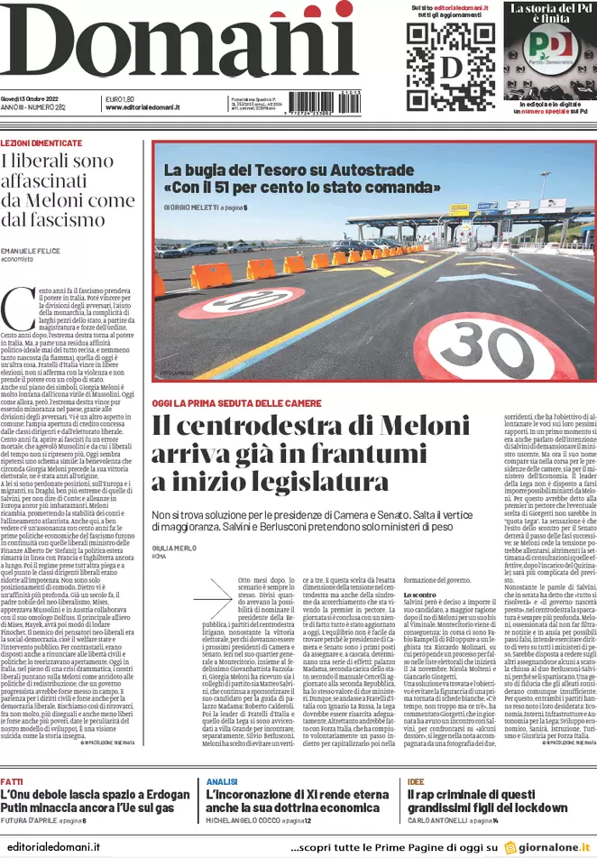 Prime pagine giornali 13 ottobre 2022. Pfizer svela: 0 test su trasmissibilità