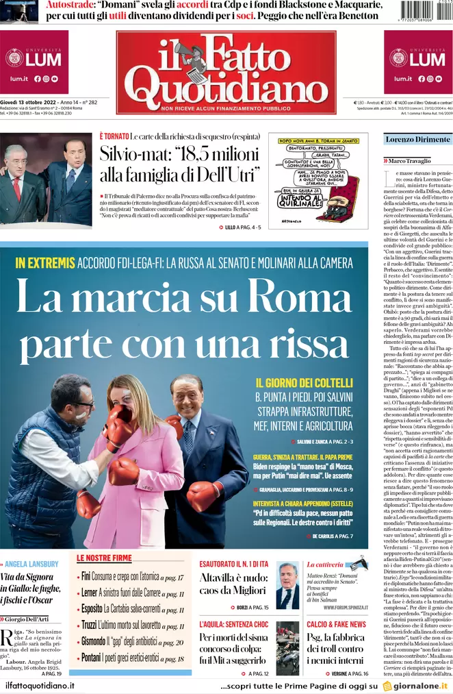 Prime pagine giornali 13 ottobre 2022. Pfizer svela: 0 test su trasmissibilità