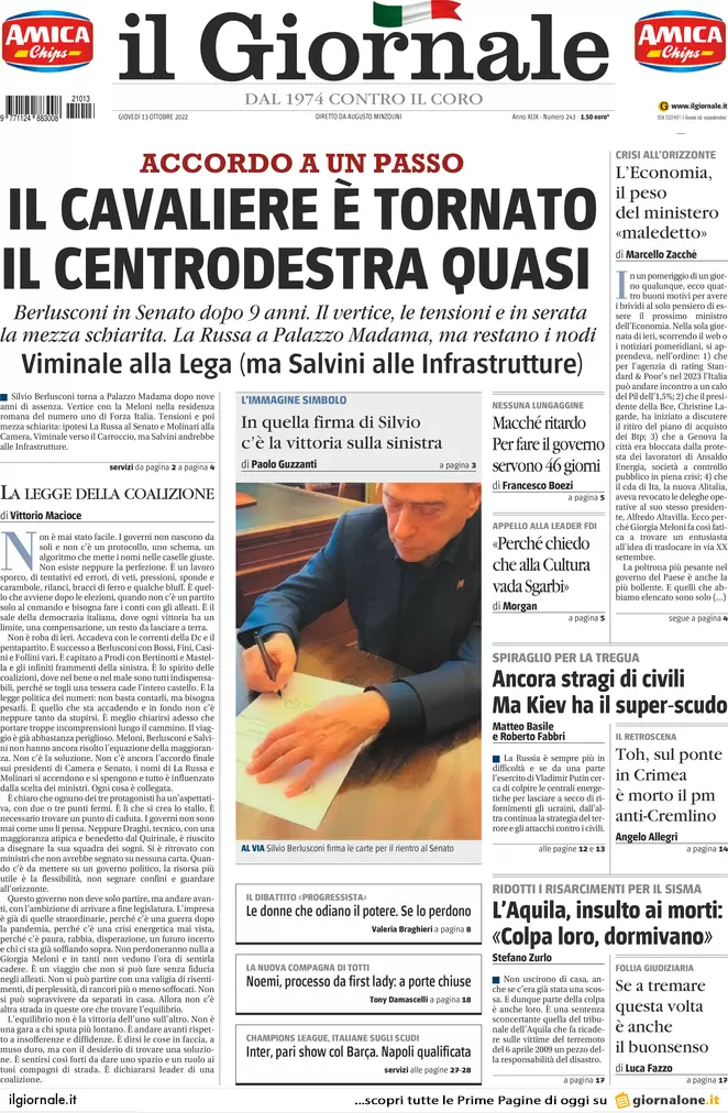 Prime pagine giornali 13 ottobre 2022. Pfizer svela: 0 test su trasmissibilità